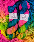 Two skeins of variegated yarn with white paper labels reading 'BIG CITY SHEEP - HANDMADE IN NYC' are arranged on top of a colorful pile of matching rainbow yarn. The visible product is the two labeled skeins, photographed in a clean, styled product shot.