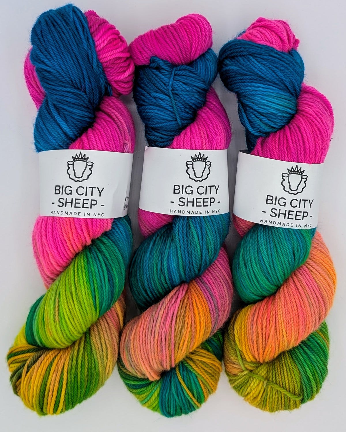 Three skeins of variegated yarn from Big City Sheep, featuring bright pink, teal, green, and yellow color-shifting yarn, with white paper labels wrapped around the center.
