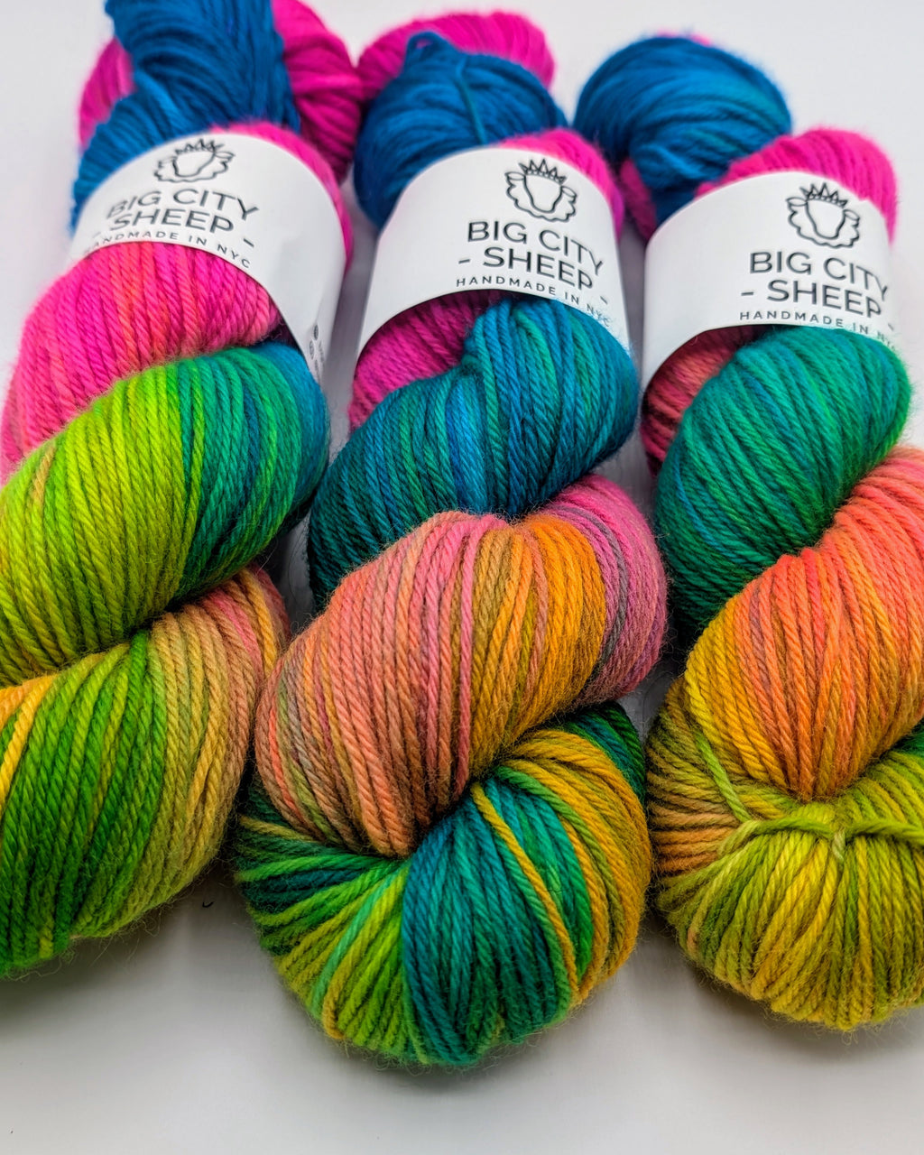 Three skeins of variegated yarn from Big City Sheep - Handmade In NYC, featuring bright pink, blue, green, orange, and yellow colorwork, arranged on a white background.