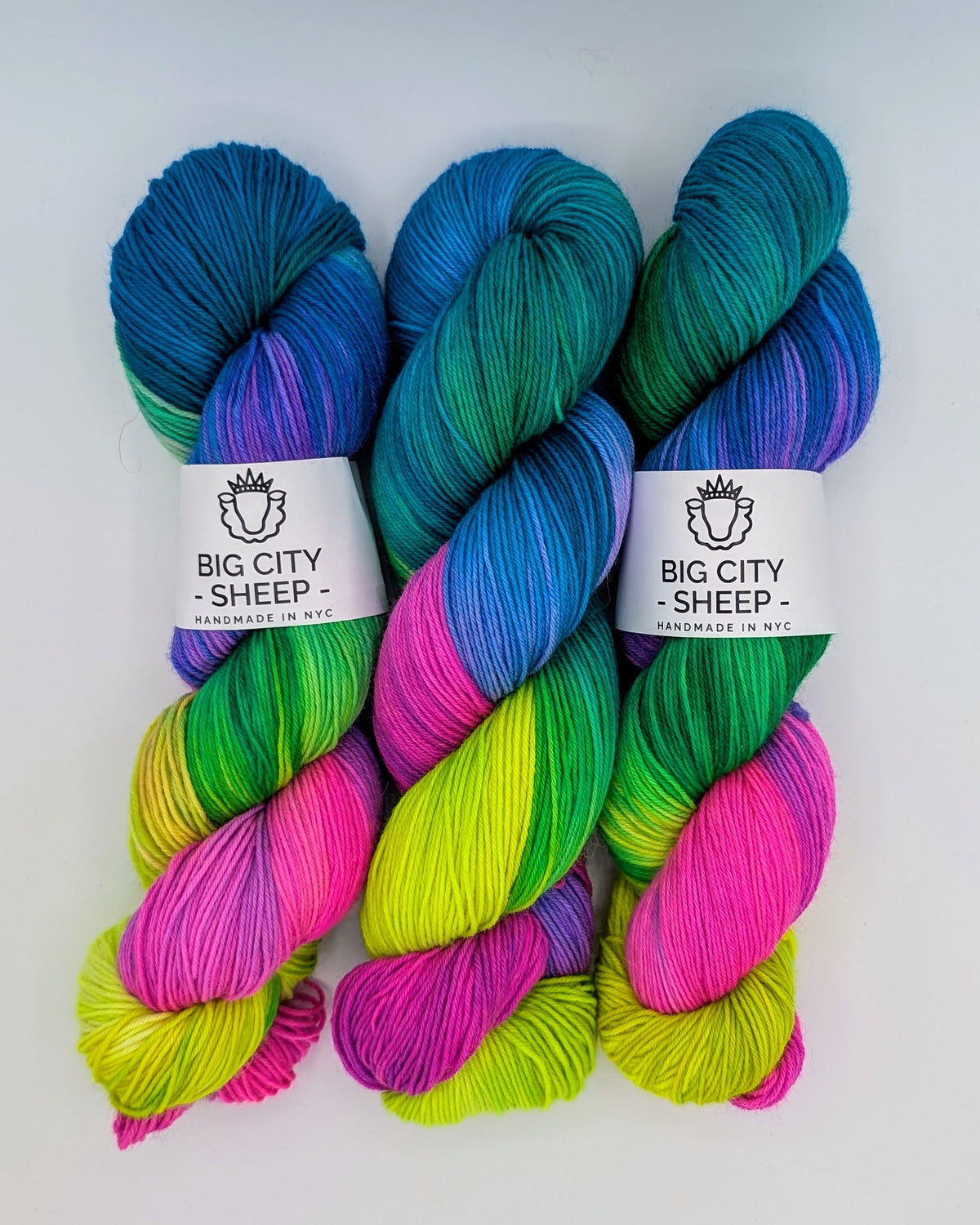 Three skeins of hand-dyed yarn with white paper labels reading 'BIG CITY SHEEP - Handmade in NYC' on a clean white background. The yarn features vibrant, multi-colored variegated patterns of blue, green, yellow, and pink.